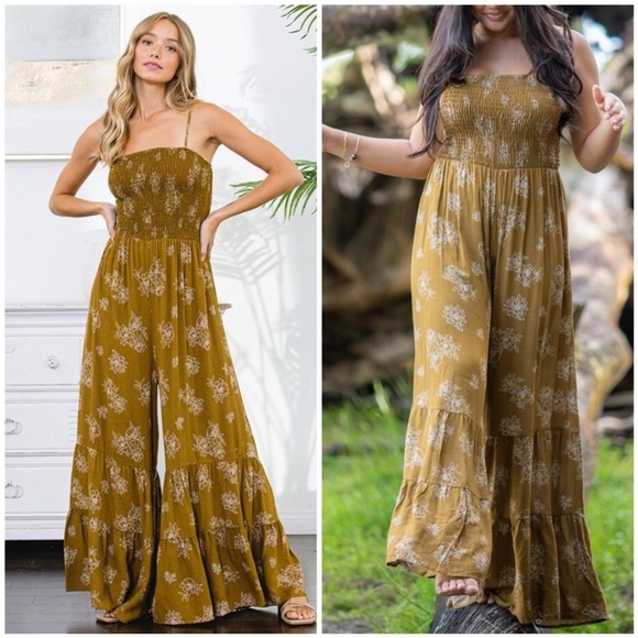 Only 1 Left: NWT Ces Femme Trendy Wide Leg Camel Boho Jumpsuit, 100% Rayon, Med - Picture 3 of 16